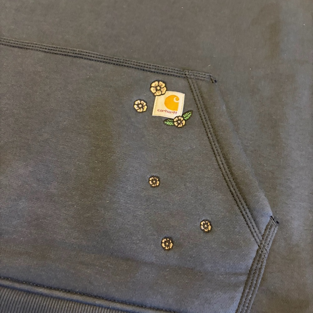 Womens Carhartt Flower Embroidered XXL Relaxed Blue Hoodie Sweatshirt Pullover - Picture 3 of 7